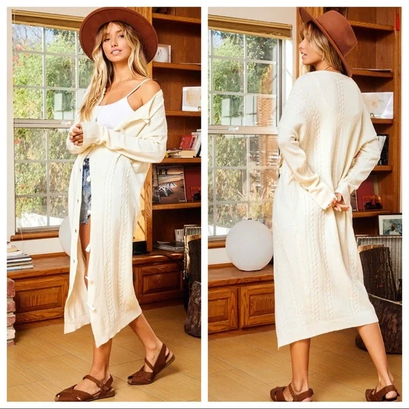 Winter White Toggle Button Long Fabulous Sweater Cardigan - Picture 3 of 5